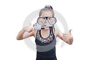 Little girl in snorkel mask.