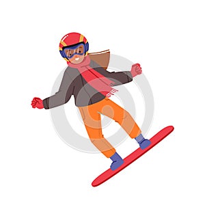 Little Girl Snowboarder Character Jumping on Snowboard Isolated on White Background. Snowboarding Winter Sport Activity