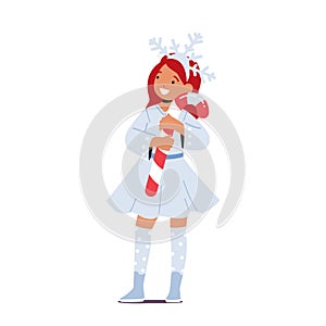 Little Girl In Snowflake Costume, Cheerful Child In Funny Christmas Suit Holding Candy Cane. Kid Performing On Matinee