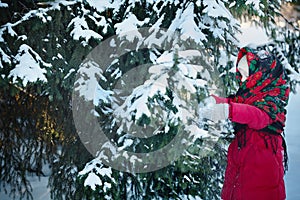 Little girl in the snowy woods. Winter day