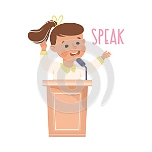 Little Girl Speaking from Tribune Demonstrating Vocabulary and Verb Studying Vector Illustration