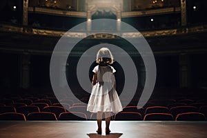 little girl stand on stage in theatre