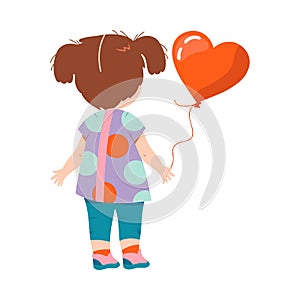 Little Girl Standing Back-first and Holding Heart Balloon Vector Illustration