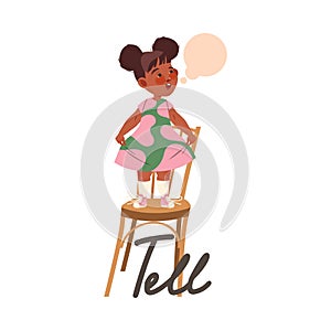 Little Girl Standing on Chair Telling Poem as Verb Expressing Action for Kids Education Vector Illustration