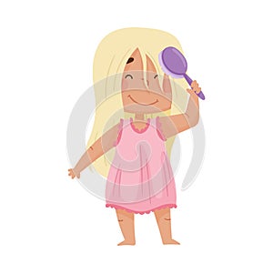 Little Girl Standing and Combing Her Hair with Brush Vector Illustration