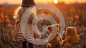 a little girl standing in a field with two teddy bears