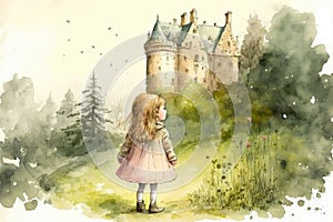 A little girl standing in the forest infront of a big castle. Back view. Watercolour illustration. Created with Generative AI, no