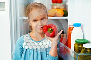 Little girl standing in front of a fridge and choosing food