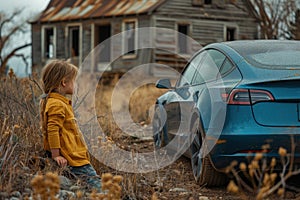 Little Girl Standing Next to Blue Car