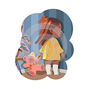 Little Girl Standing with Teddy Bear Crying Afraid of Something Vector Illustration