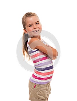 Little girl standing on white background