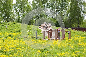 Little girl stands on bridge in park overgrown with dandelions