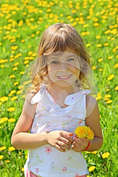 Little girl stands on field and holds dandelions