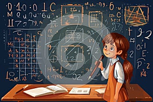 Little girl stands near school chalk board with formulas and tries to solve difficult problem. Child prodigy student in elementary