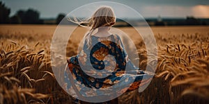 A little girl stands in the wheat field in the evening, her dress and hair fluttering in the wind