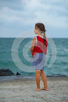 Little girl in a striped dress stands on the pier and looks at the sea