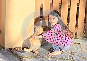 Little girl stroking a cat