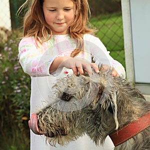 Little girl stroking a dog