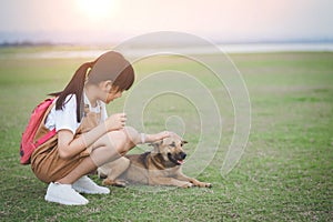 The little girl is stroking her dog with gently and friendly, showing love and care of pet