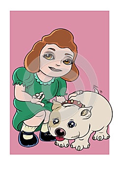 A little girl stroking her dog over a pink background. Vector Illustration