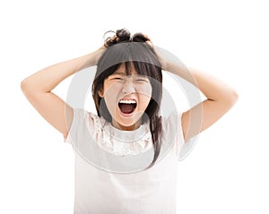 Little girl struggling and her hands in hair