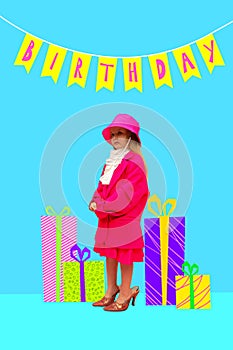Little girl in stylish, bright clothes, celebrating birthday, standing around many present boxes. Contemporary art