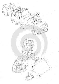 Little girl with suitcases and her cat part ,sketches and pencil sketches and doodles