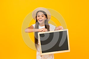 Little girl summer style hold blackboard announcement copy space, seasonal sale concept