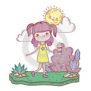 Little girl with sun kawaii characters