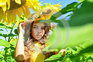 little girl in sunflower field. yellow flower of sunflower. happy childhood. beautiful girl wear straw summer hat in