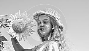 Little girl sunflowers field blue sky background, rustic style
