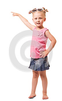 A little girl with sunglasses isolated on white