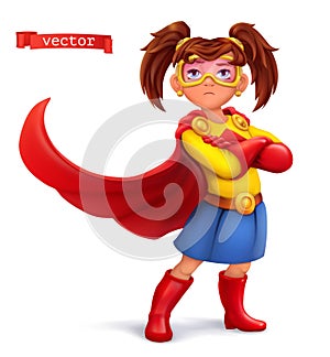 Little girl in superhero costume with red coats. Comic character, vector illustration photo
