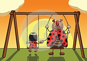 Little girl on the swing holding hands with ladybug and watching the sunset.