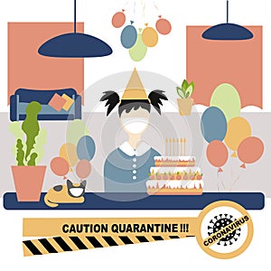Little girl at the table wearing a protective mask with cake and balloons, Birthday alone.  Coronavirus protection, Canceling a photo