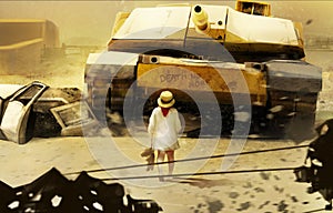 Little girl walking towards armored tank.