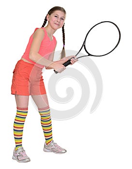 Little girl with tennis racket isolated on white