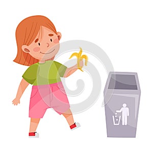 Little Girl Throwing Banana Skin in Trash Bin Vector Illustration