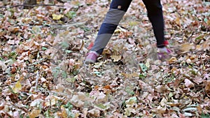 Little girl throws autumn leaves underfoot