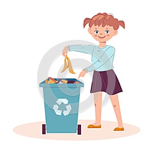 Little girl throws trash into the trash can. Garbage recycling nature cleaning concept. Vector illustration in flat