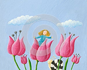 Little girl Thumbelina girl in the tulip