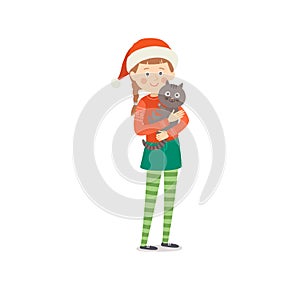 Little girl in traditional Christmas clothes with cute cat smiling. Child and pet Christmas portrait. Cartoon vector