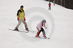 Little girl training alpine skiing