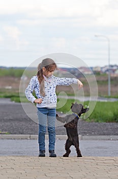 Little girl training a dog