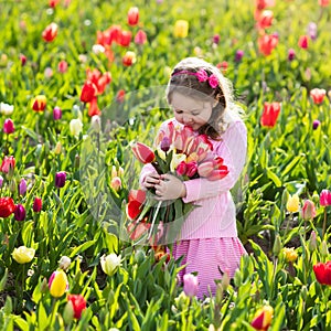 Little girl in tulip flower garden