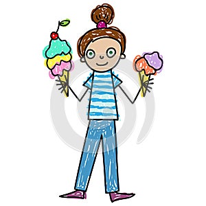Little girl with two big ice creams Kids Drawing style vector illustration