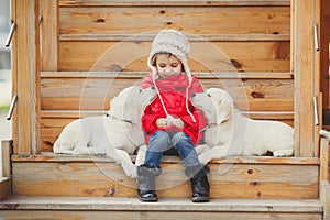 A little girl with two puppy Golden Retriever.