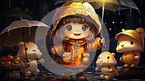 A little girl with an umbrella and some stuffed animals, AI