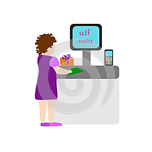 Little girl using self check out computer