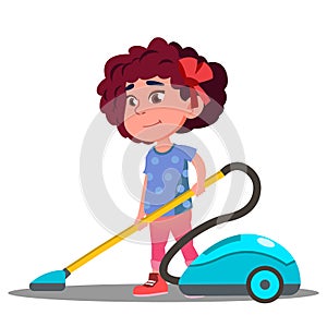 Little Girl Vacuuming Floor In House Vector. Isolated Illustration photo